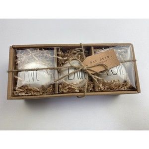 Rae Dunn Set of 3 Ceramic Round Ornaments "LIVE, LAUGH, LOVE" NEW Boxed Set